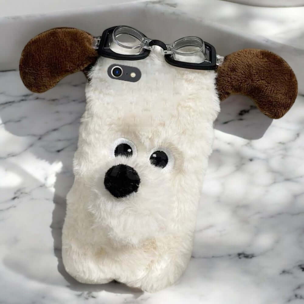 a cell phone case with a dog wearing glasses